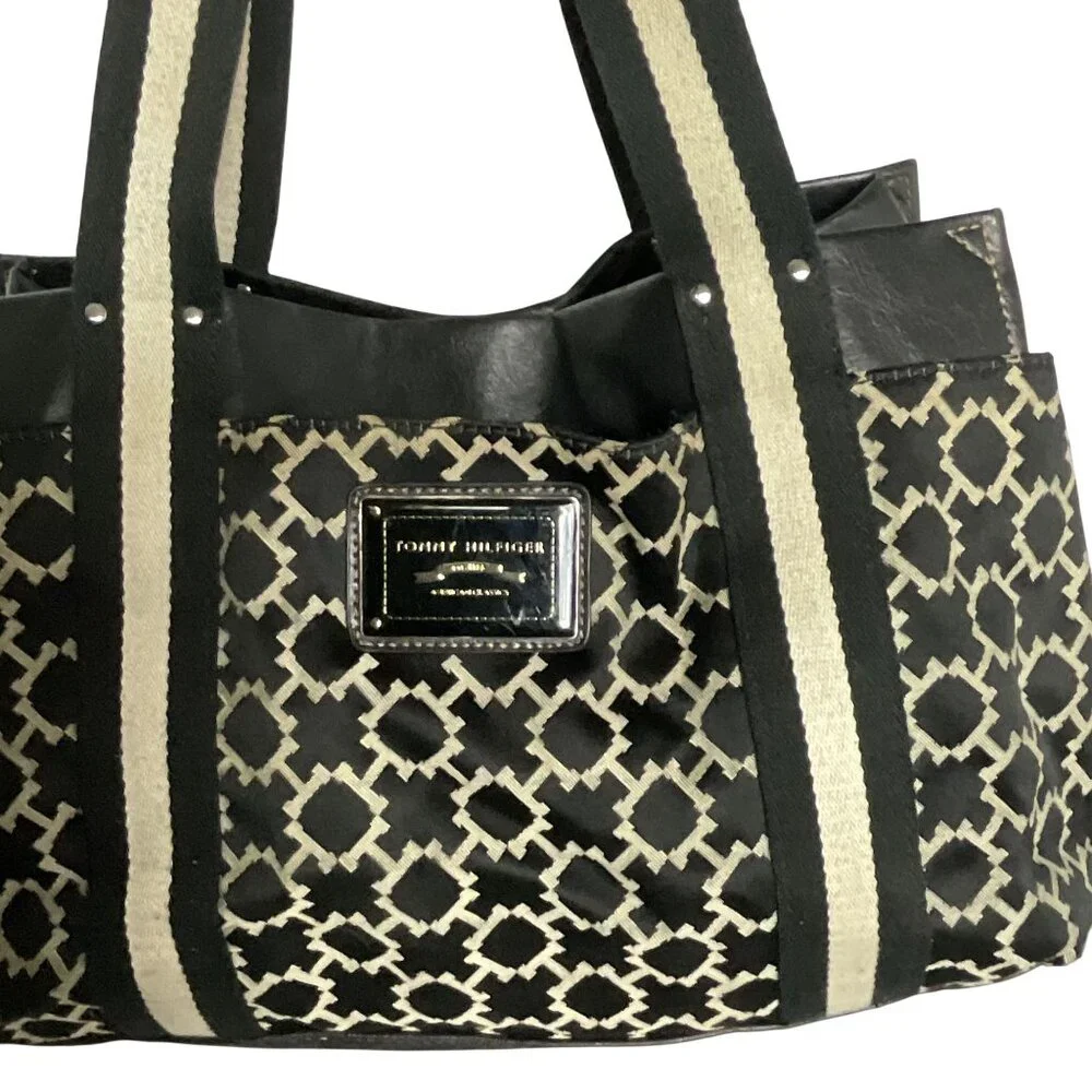 Tommy Hilfiger TH logo jacquard tote bag in brown & beige with faux leather trim